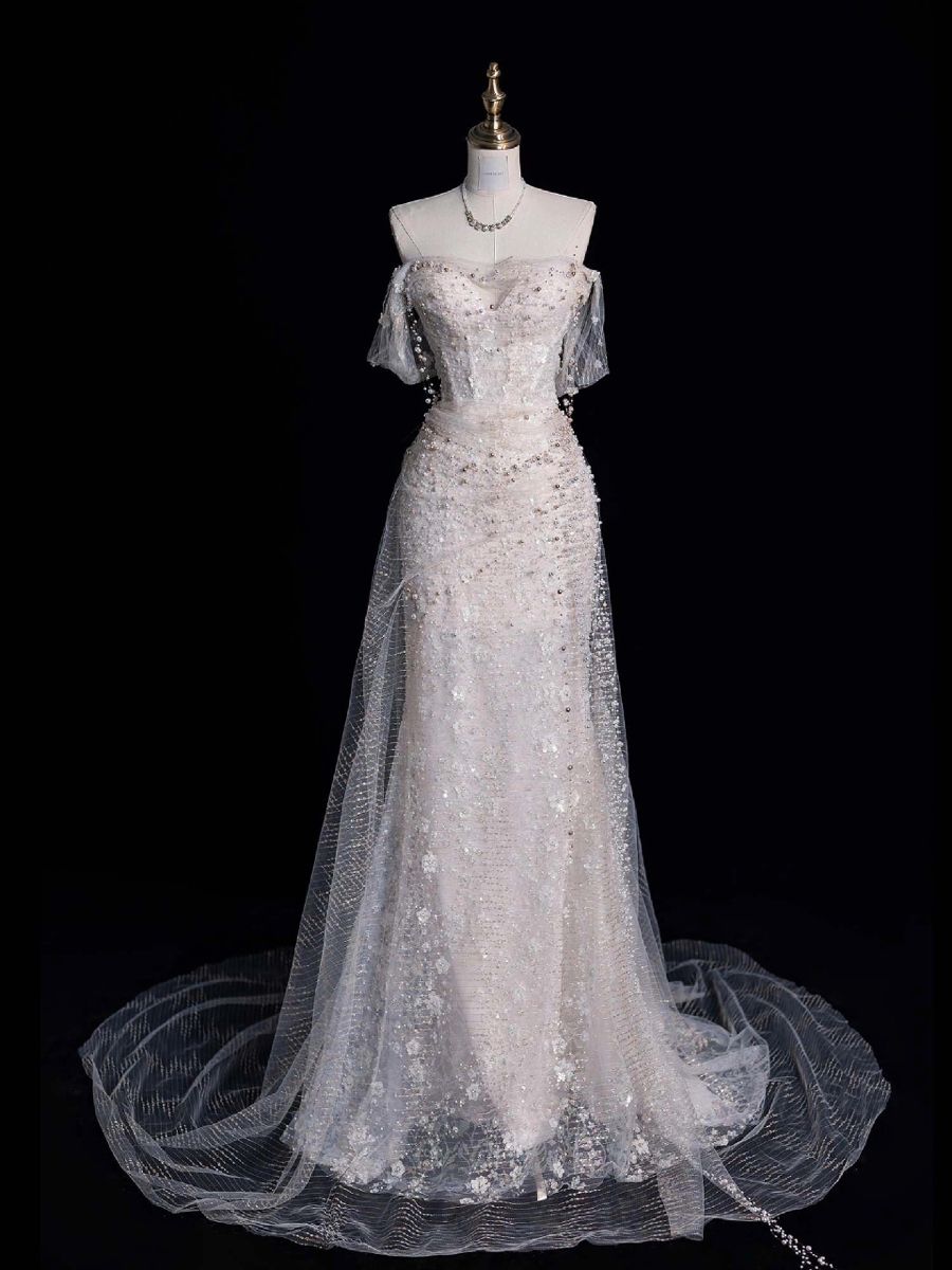 Charming Women's Mermaid Off The Shoulder Tulle Pleated With Flowers Long Wedding Dresses AB1479