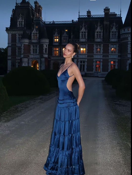 Modest A Line Spaghetti Strap Navy Blue Silky Satin Long Summer Beach Black Tie Prom Dresses Spring Wedding Guest Dress N1408