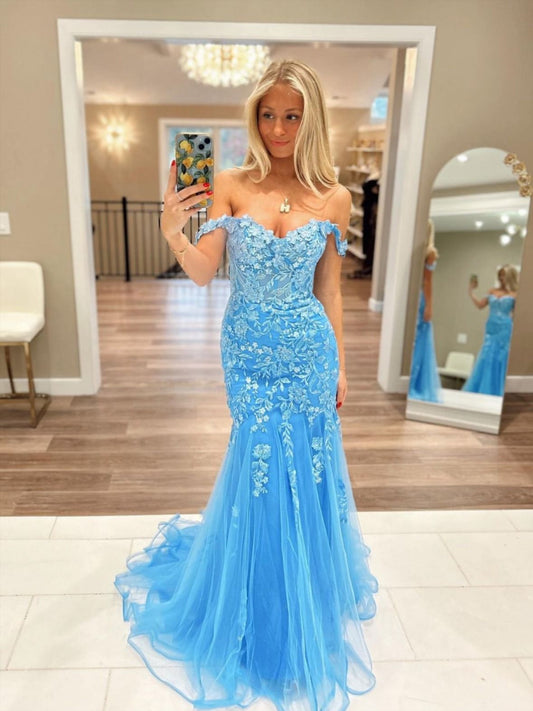 Classy Mermaid Off The Shoulder Blue Lace Prom Dresses Inspo For Teens Formal Dress Party Outfits Prom Gowns AB095