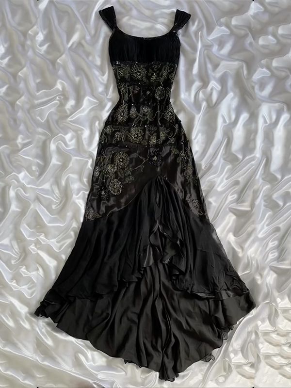 Elegant Mermaid Square Neck Chiffon Black Beaded Bodycon Evening Women Party Dresses Long Formal Prom Dress 16 Birthday Gown AB1275