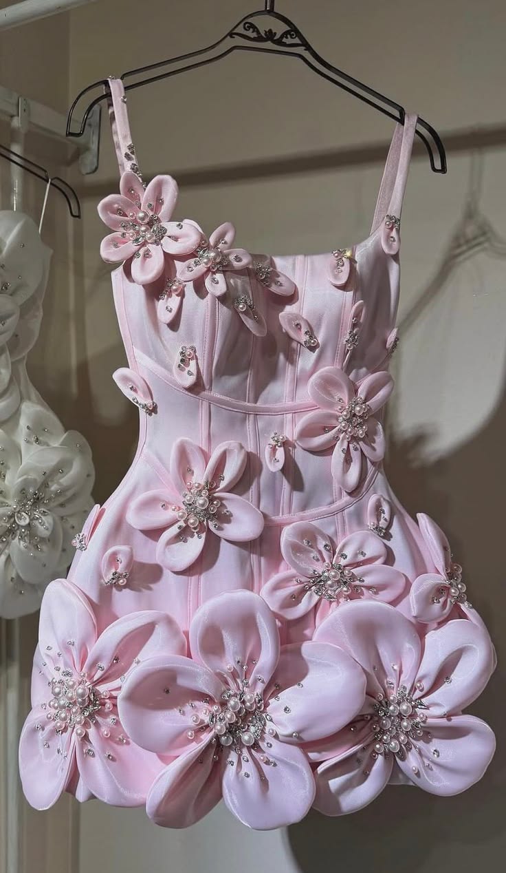 Cute A Line Spaghetti Strap Pink Satin Floral Short Homecoming Dress Inspo Ideas Mini Party Dresses RB6859