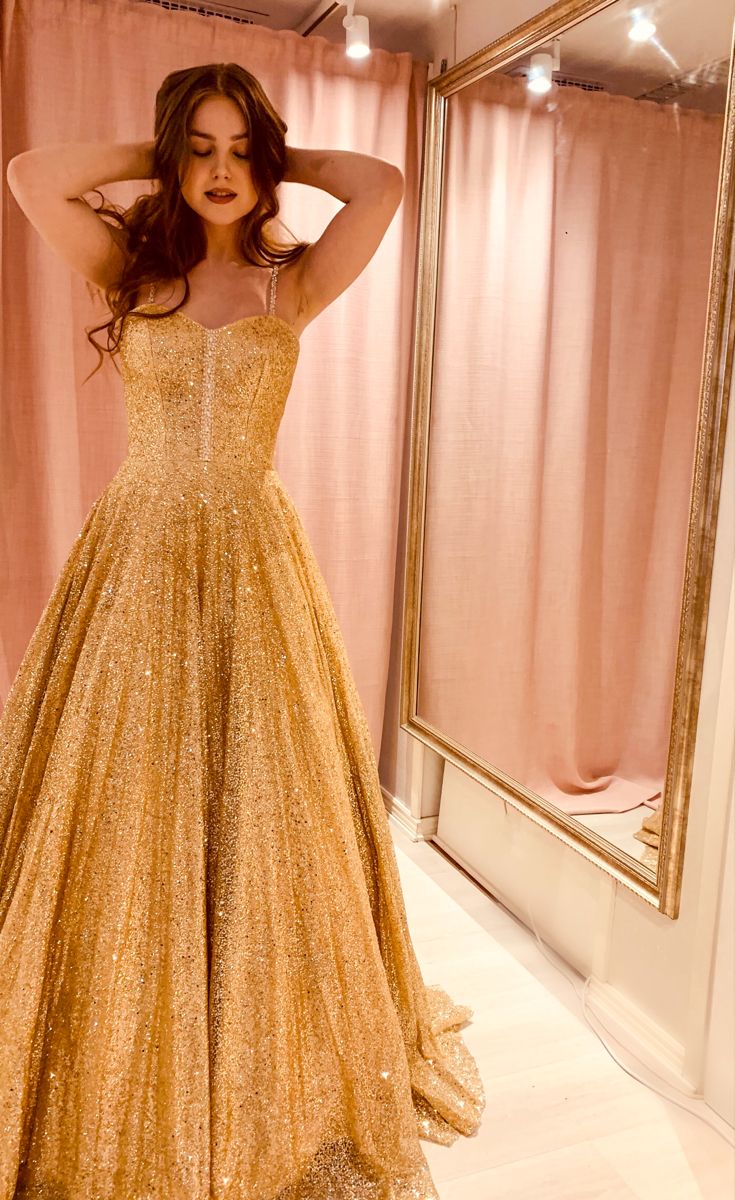 Sparkly Ball Gown Prom Dresses For Women Spaghetti Straps Gold Sequin Party Gown Birthday Gowns N1663