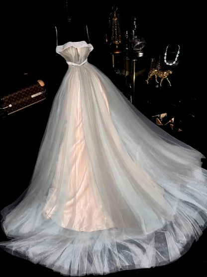 Timeless Ball Gown Spaghetti Straps Gray Tulle Long School Dances Prom Dresses 8th Grade Formal Outfits Evening Gown RB8426