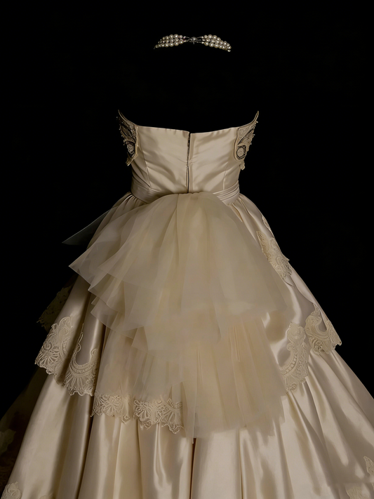 Vintage 70s Ball Gown Strapless Champagne With Appliques Lace Wedding Dress Fairytale Bridal Dresses N1318