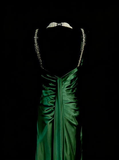 Vintage A Line V Neck Dark Green Satin Senior 80s Prom Dresses High School Long Formal Dress N1329