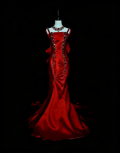 Vintage Mermaid Spaghetti Straps Red With Beadings Sleeveless 80s Prom Dresses Long Formal Party Gown N1476