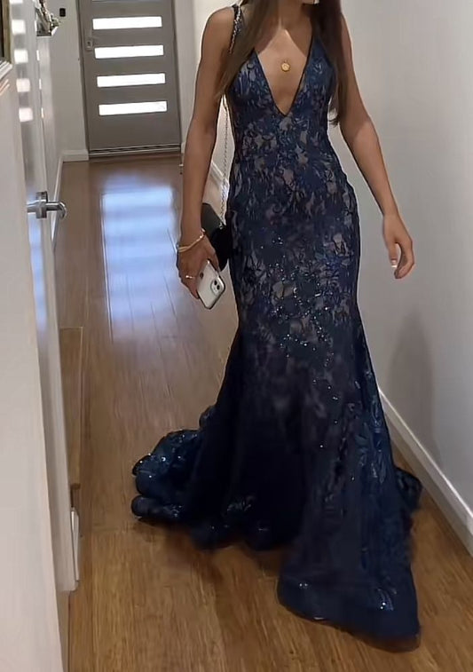 Mermaid Deep V-neck Wide Strap Floor Length Court Paillette Crochet Flower Prom Dresses Evening Dress AB708