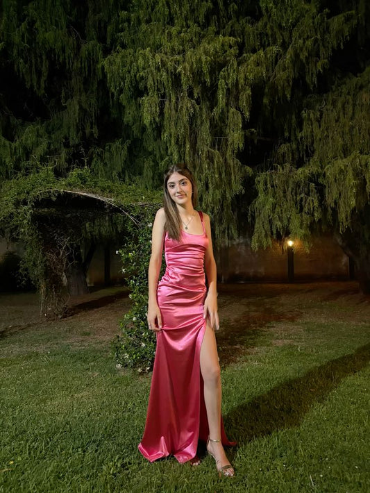 Modest Mermaid Square Neck Hot Pink Satin With Pleated Long Slit Tight Formal Gown Prom Dresses Evening Gowns AB769
