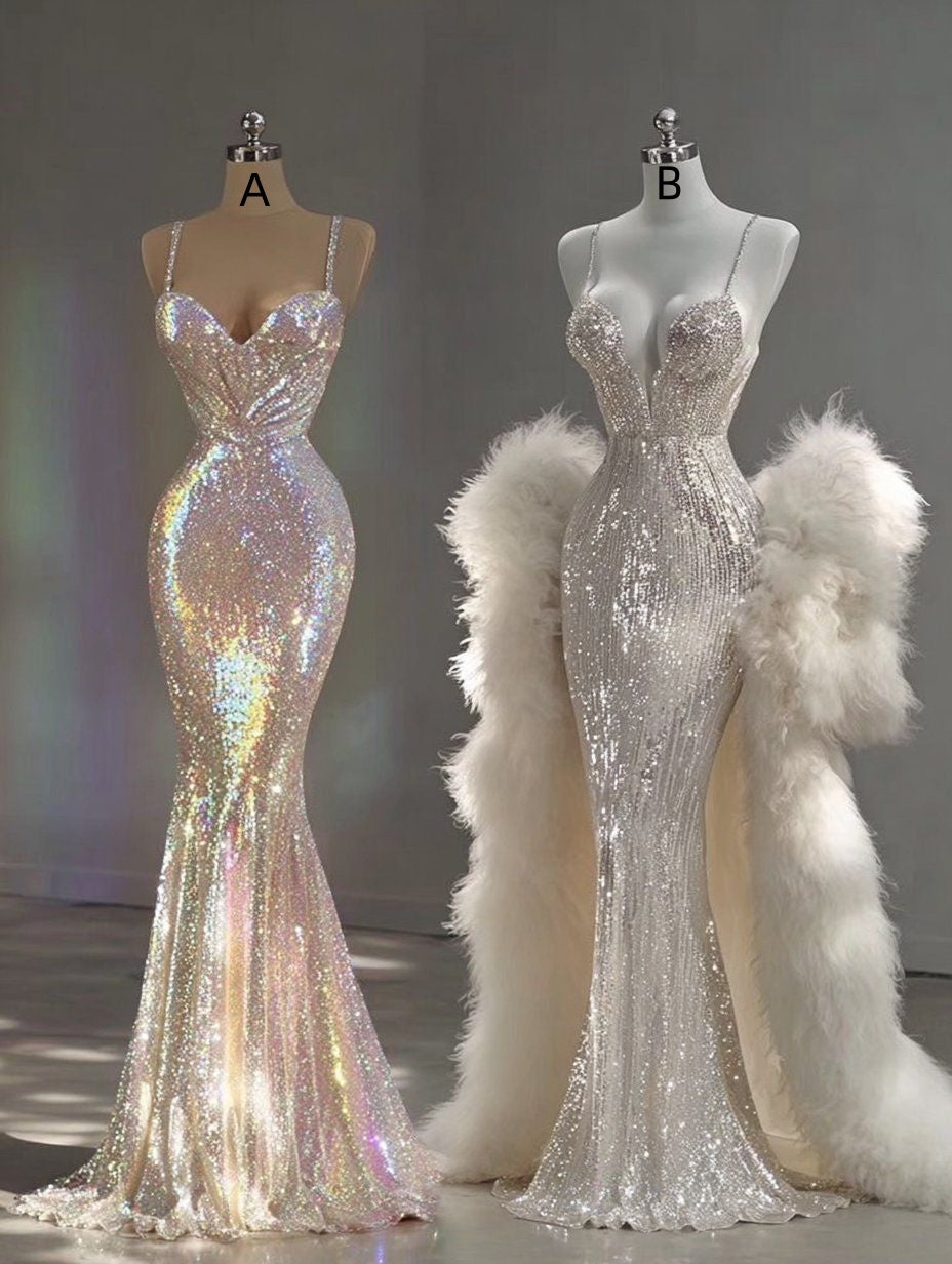 Sparkly Mermaid Spaghetti Straps Sequin Long Prom Dresses Impress 18th Birthday Outfits Prom Gown RB8935