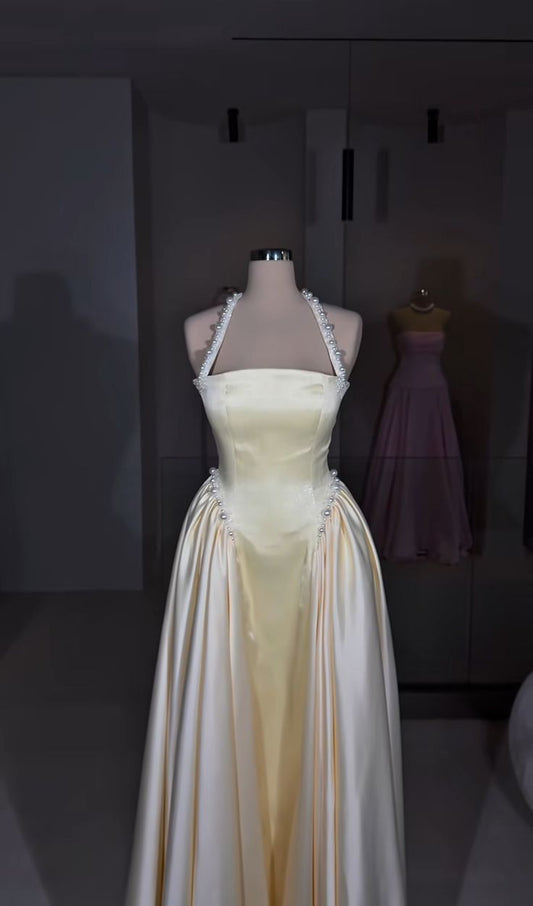 Amazing A Line Halter Satin Long Prom Dresses Inspiration Party Dress Prom Gown AB078