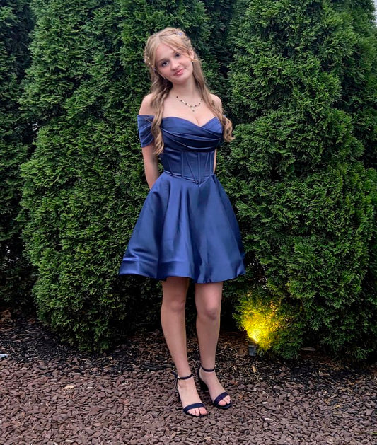 Timeless Ball Gown Off The Shoulder Navy Blue Short Freshman High Shool Grad Hoco Outfits Homecoming Dresses RB4430