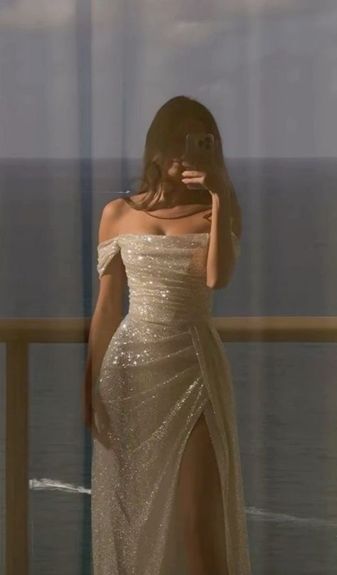 Beige Off Shoulder Mermaid Sequin Long Prom Dresses Elegant Evening Gowns with Slits AB651