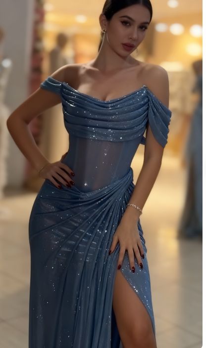 Sparkly Mermaid Off The Shoulder Blue Sequin Long Slit Evening Party Gowns Evening Dress Special Formal Dresses Prom Dress AB653