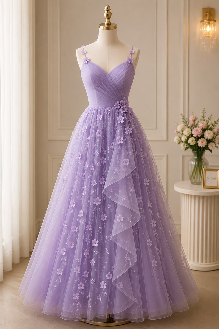 Cute Ball Gown Spaghetti Straps Lilac Tulle With Flowers Long Quince Dress Quinceanera Dresses Formal Birthday Outfits RB8209