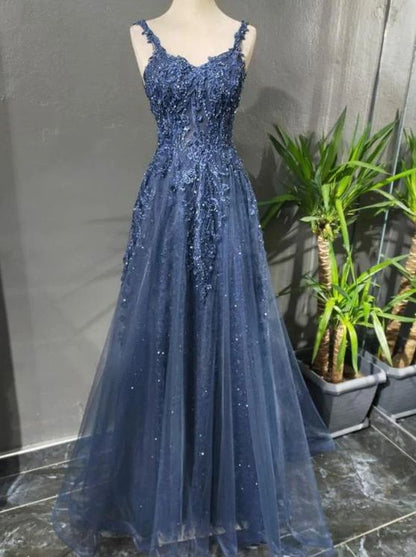 Modest A Line Spaghetti Strap Navy Blue Tulle Long Prom Dresses Graduation Dance Evening Outfits N048