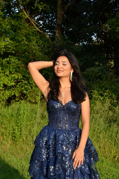 Special Ball Gown Sweetheart Strap Dark Navy Blue Lace With High Slit Sleeveless Long Prom Dresses Inspo Prom Gown AB1031
