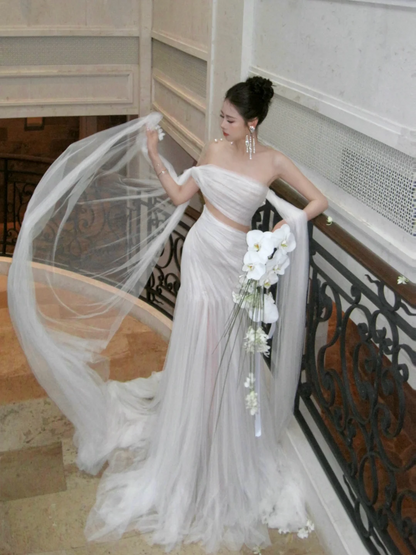 Simple Mermaid Off The Shoulder Tulle White Wedding Dress With Pleated Ruched Fairytale Brides Gown Wedding Dresses N066
