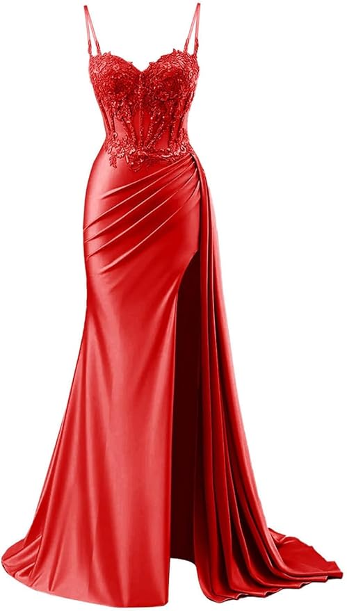 Modest Mermaid Spaghetti Straps Burgundy Slit Lace Prom Dresses Long Party Dress Birthday Outfit Teenagers Graduation Dress RB1168