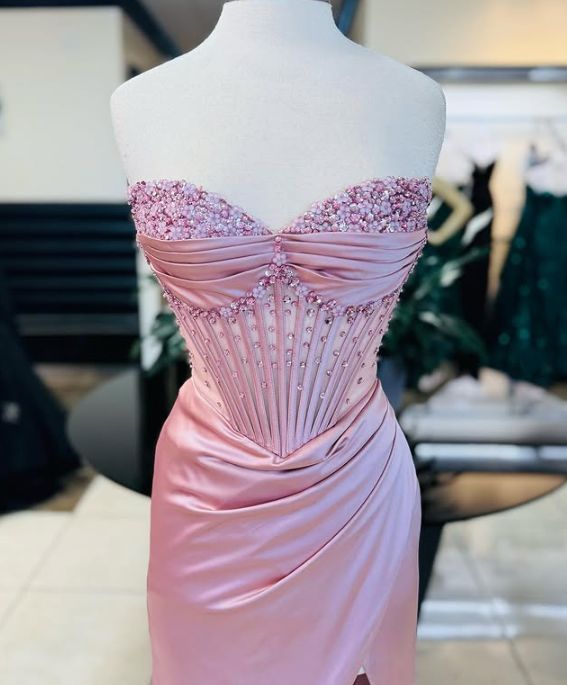 Modest Mermaid Sweetheart Pink Split Prom Dresses Inspo For Teens Formal Dress Party Outfits Prom Gowns AB064