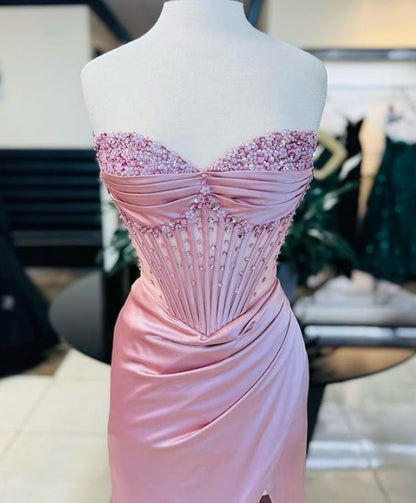 Modest Mermaid Sweetheart Pink Split Prom Dresses Inspo For Teens Formal Dress Party Outfits Prom Gowns AB064