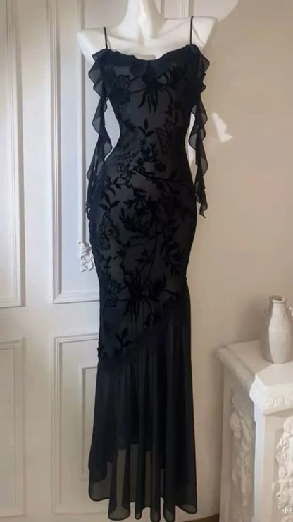 Vintage Mermaid Spaghetti Straps Black Lace Prom Dresses Formal Dress 18th Birthday Outfits Prom Gown RA076