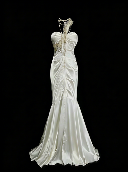 Vintage Mermaid One Shoulder White Backless Summer Formal For Women Girls Teens Prom Dresses N2236