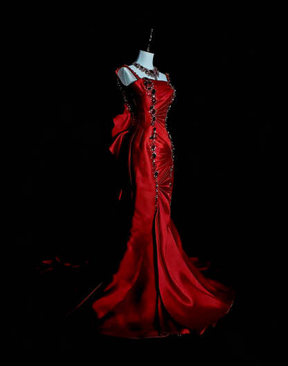 Vintage Mermaid Spaghetti Straps Red With Beadings Sleeveless 80s Prom Dresses Long Formal Party Gown N1476