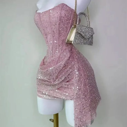Cute Sheath Strapless Pink Sequin Mini Short Formal 8th Grade Homecoming Dresses Summer Middle School Hoco Dress N4736