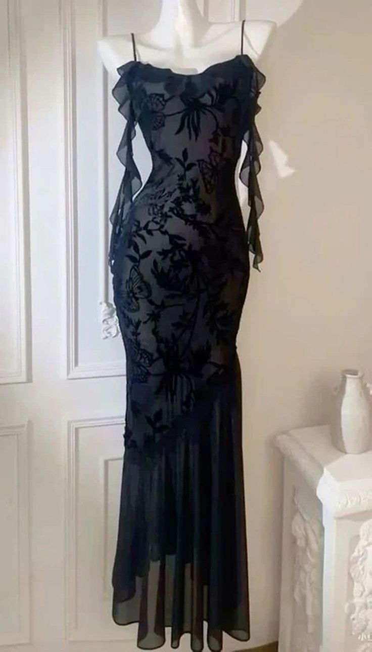 Chic Mermaid Spaghetti Straps Black Chiffon Long Prom Dresses Inspiration Party Dress Prom Gowns DH3027