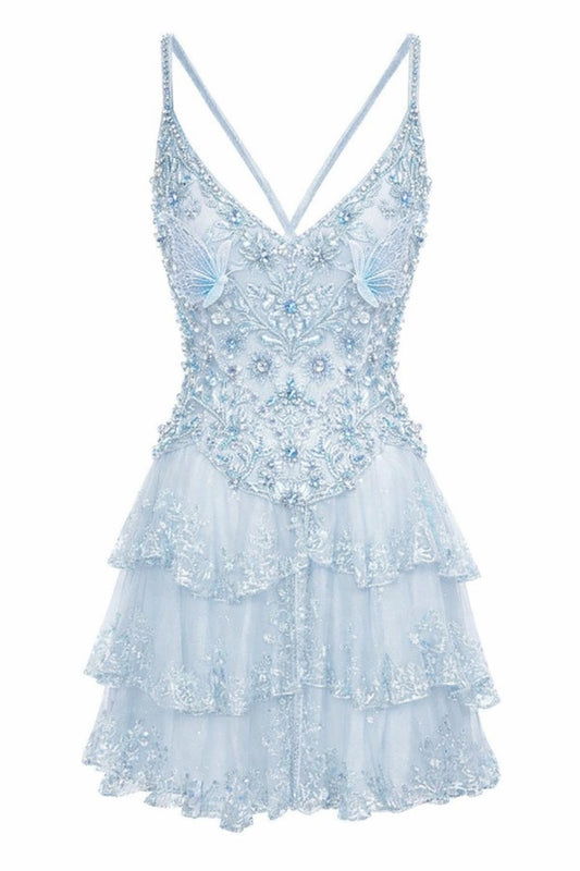 Sparkly Sheath Spaghetti Strap Light Sky Blue Sequin Mini Senior Inspo Short Birthday 18th Party Outfits Homecoming Dresses RB3177