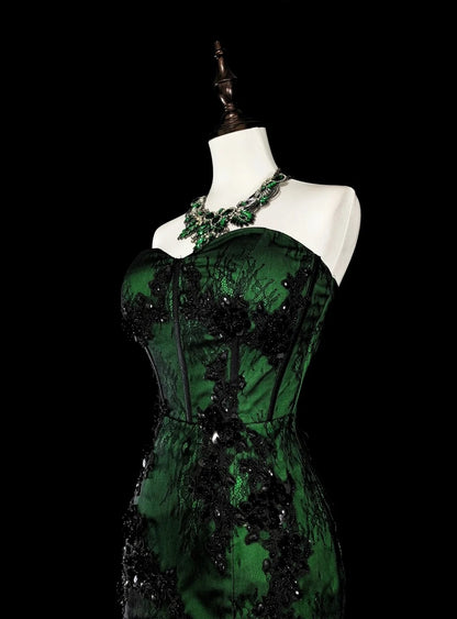 Vintage 1760s Mermaid Sweetheart Green With Black Appliques Long Prom Dresses N1606