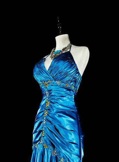 Vintage Prom Dresses Mermaid Halter Blue Satin With Beads Long Formal Dress N2378