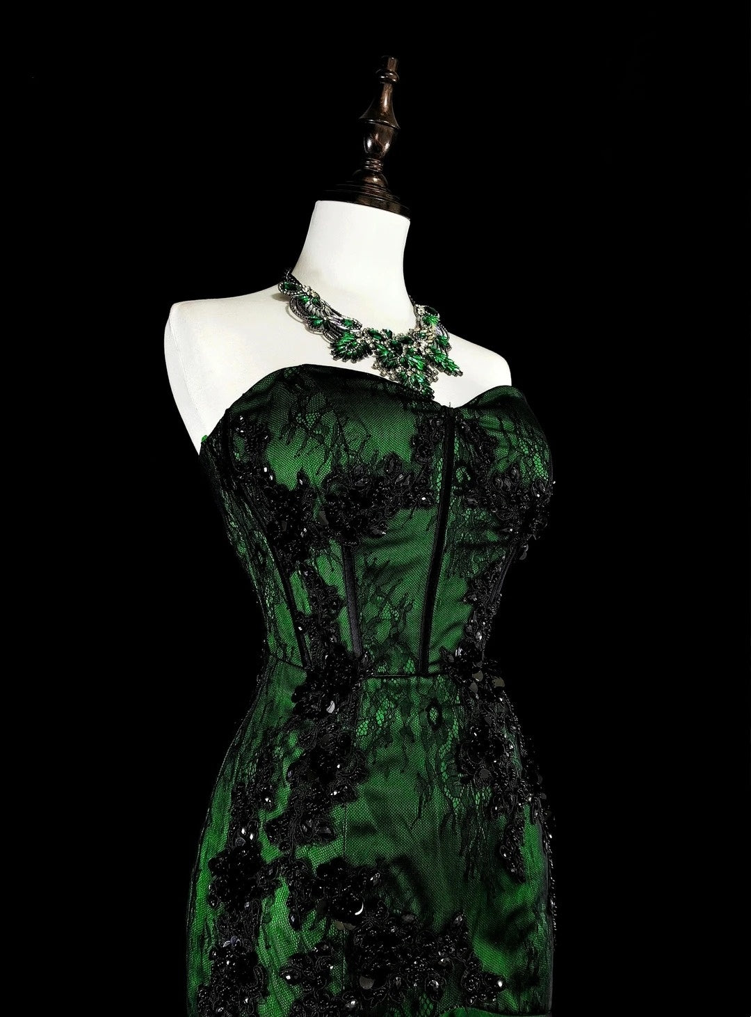 Vintage 1760s Mermaid Sweetheart Green With Black Appliques Long Prom Dresses N1606