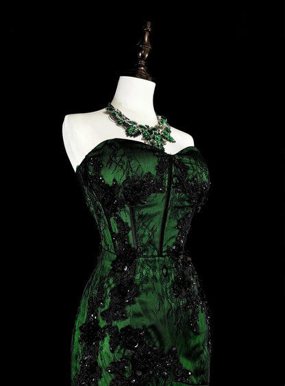 Vintage 1760s Mermaid Sweetheart Green With Black Appliques Long Prom Dresses N1606