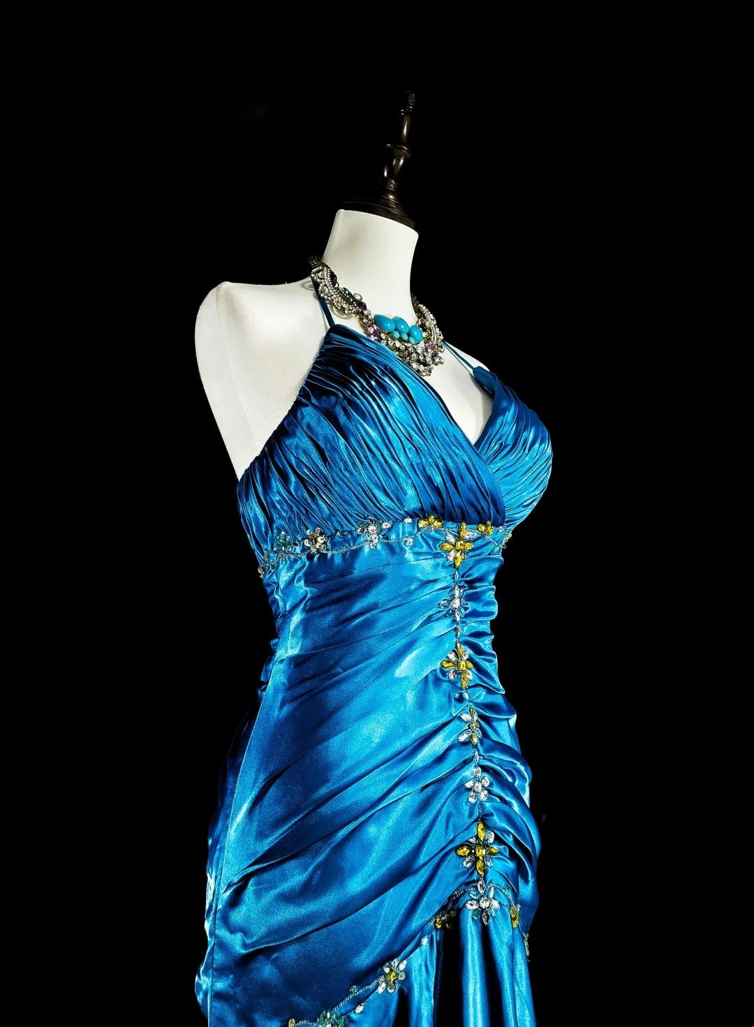 Vintage Prom Dresses Mermaid Halter Blue Satin With Beads Long Formal Dress N2378