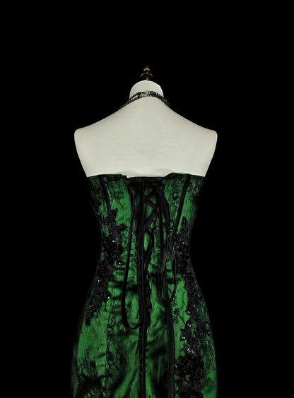 Vintage 1760s Mermaid Sweetheart Green With Black Appliques Long Prom Dresses N1606