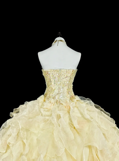 Princess Ball Gown Strapless Yellow Ruffled Layers Tiered Sweet 16 Dresses Quinceanera Dress N3418