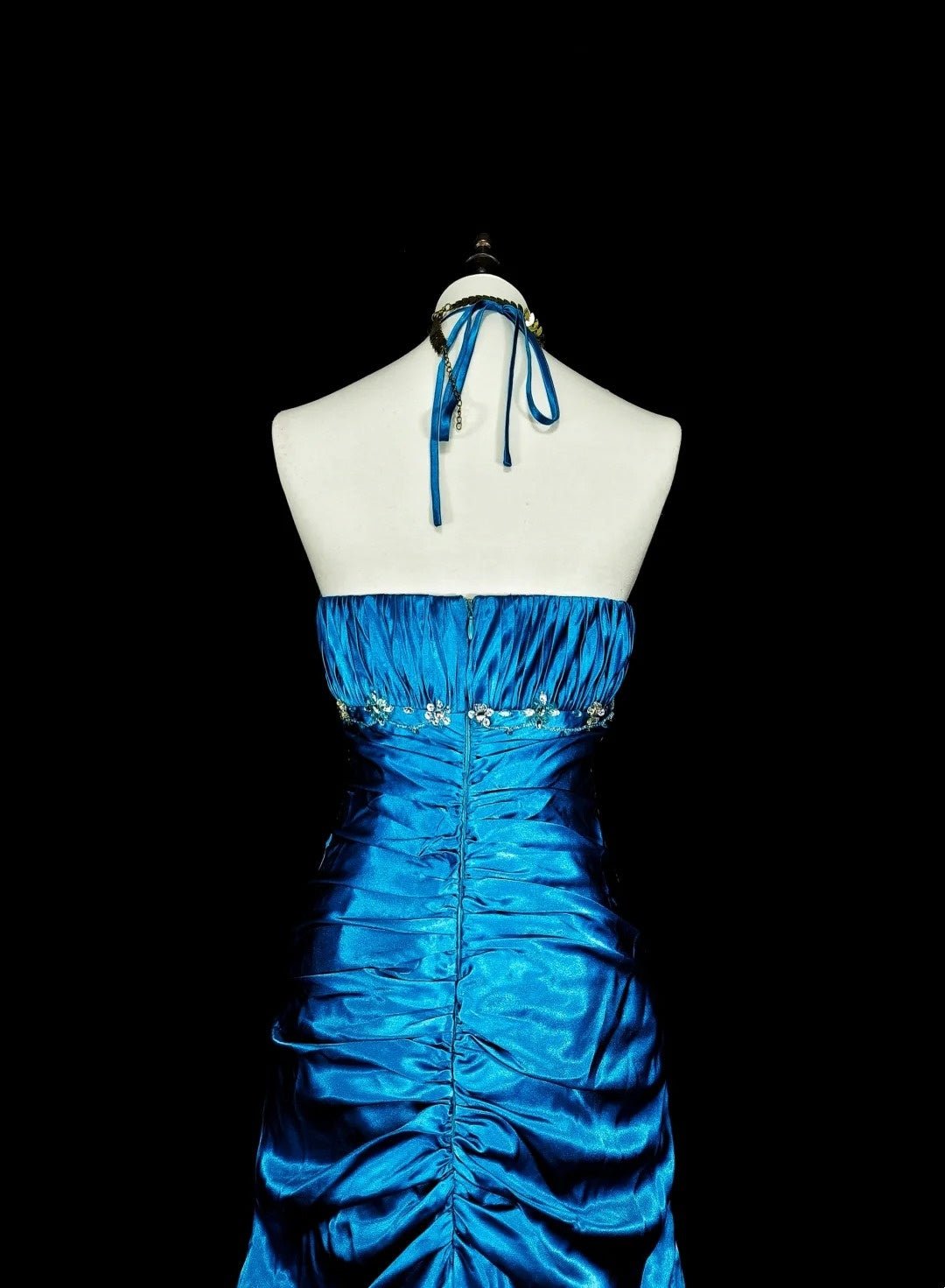 Vintage Prom Dresses Mermaid Halter Blue Satin With Beads Long Formal Dress N2378