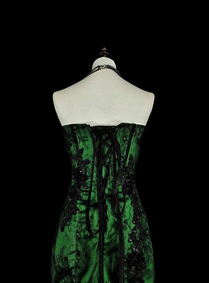 Modest Mermaid Sweetheart Black Tulle Green Satin With Appliques Long Prom Gown Party Wear Dresses N1848