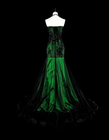 Vintage 1760s Mermaid Sweetheart Green With Black Appliques Long Prom Dresses N1606