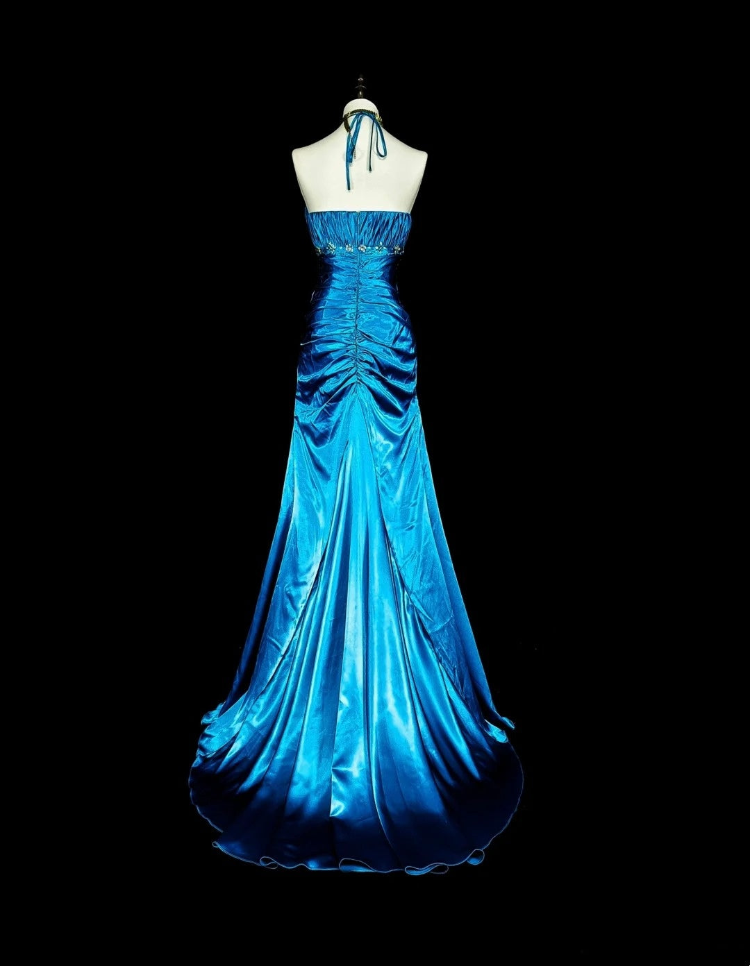 Vintage Prom Dresses Mermaid Halter Blue Satin With Beads Long Formal Dress N2378