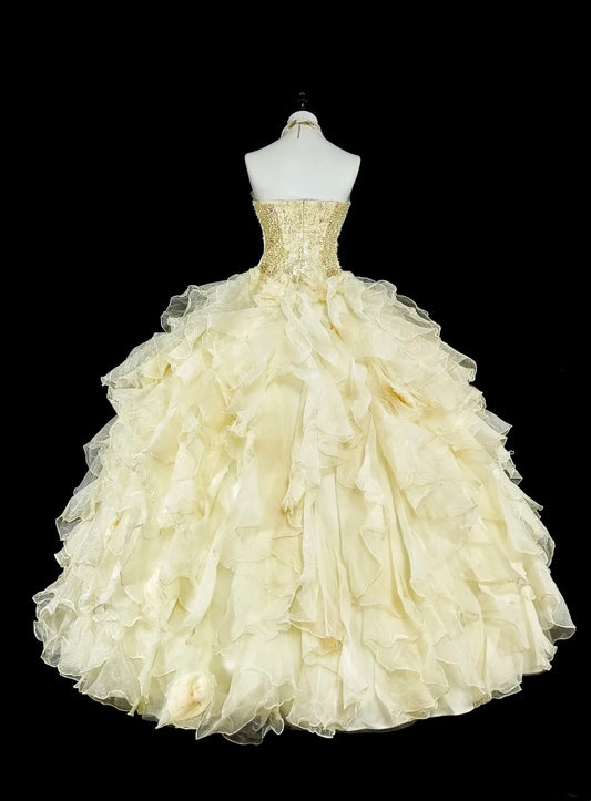 Princess Ball Gown Strapless Yellow Ruffled Layers Tiered Sweet 16 Dresses Quinceanera Dress N3418