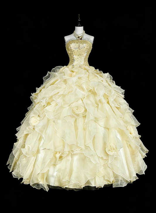 Princess Ball Gown Strapless Yellow Ruffled Layers Tiered Sweet 16 Dresses Quinceanera Dress N3418