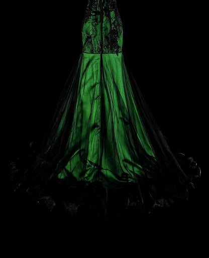 Modest Mermaid Sweetheart Black Tulle Green Satin With Appliques Long Prom Gown Party Wear Dresses N1848