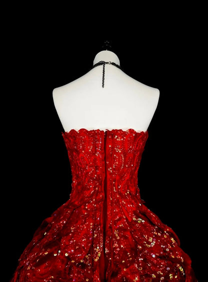 Cute Ball Gown Strapless Burgundy With Tiered Layers Ruffles Long Party Gowns Prom Dresses N2147