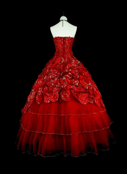 Cute Ball Gown Strapless Burgundy With Tiered Layers Ruffles Long Party Gowns Prom Dresses N2147