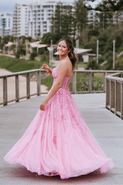 Unique Ball Gown Sweetheart Yellow Tulle with Lace Applique Evening Dresses Long Prom Dress AB596