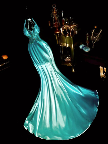 Luxurious Mermaid Halter Blue Satin School Dances Prom Dresses 8th Grade Formal Outfits Evening Gown RB8427