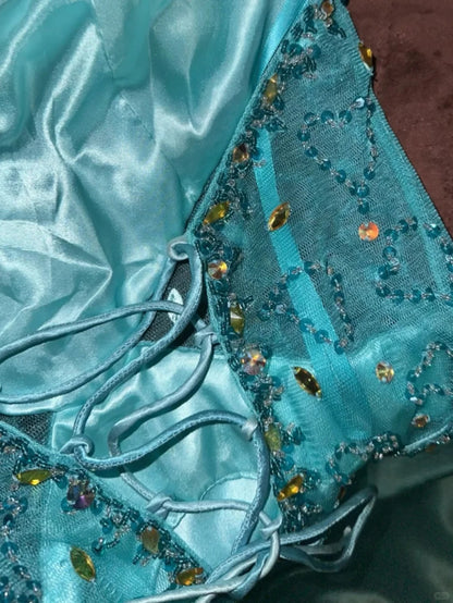 Luxurious Mermaid Halter Blue Satin School Dances Prom Dresses 8th Grade Formal Outfits Evening Gown RB8427