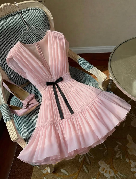Simple A Line V Neckline Birthday Dress Pink Chiffon Homecoming Dress Short Party Dress RB8170